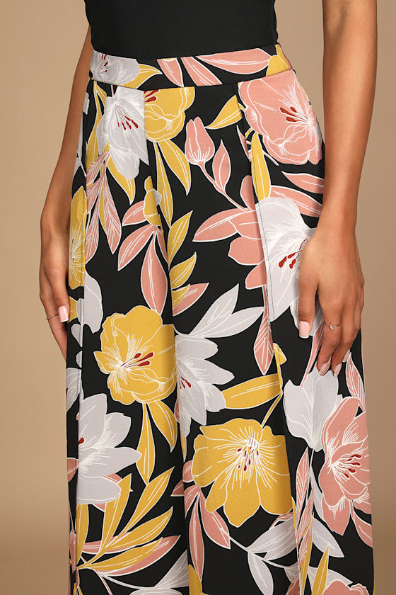Black Floral Print Pants - Wide-Leg Pants - Side Slit Pants - Image 4