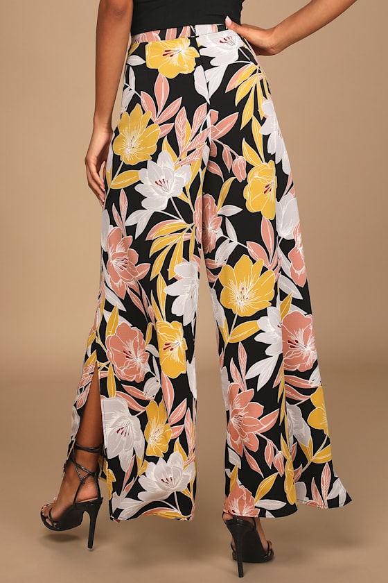 Black Floral Print Pants - Wide-Leg Pants - Side Slit Pants - Image 5
