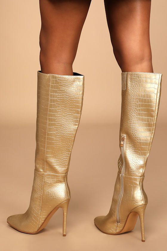 Roksanne Metallic Gold Snake-Embossed Knee-High Boots 2