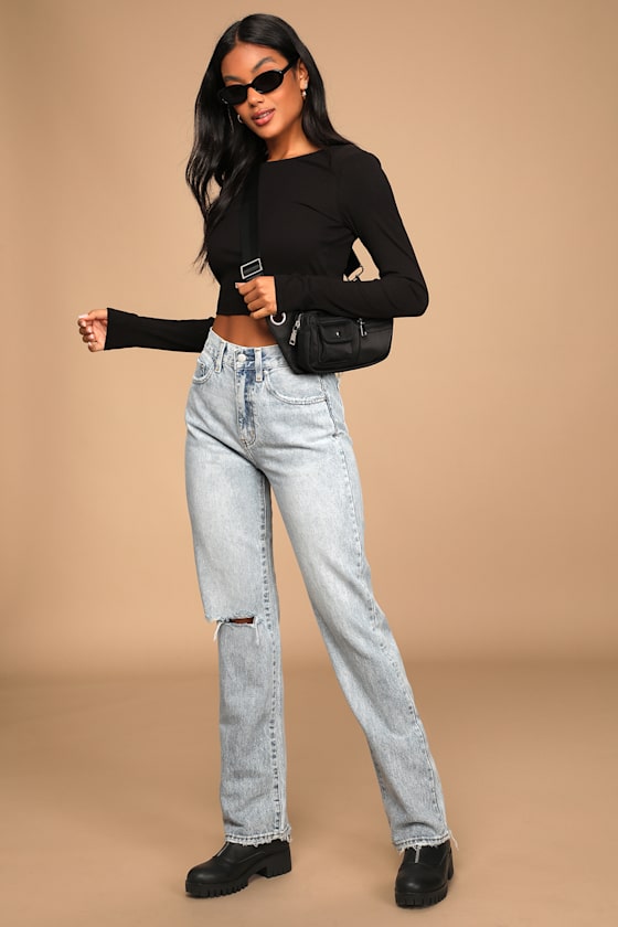 Cassie Light Wash Ripped Super High Rise Straight Ankle Jeans 2