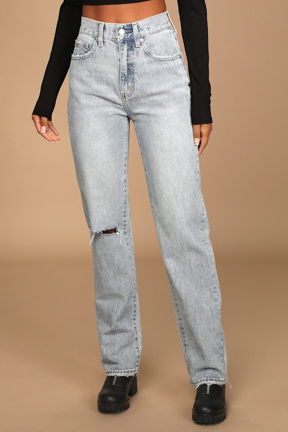 Cassie Light Wash Ripped Super High Rise Straight Ankle Jeans 1