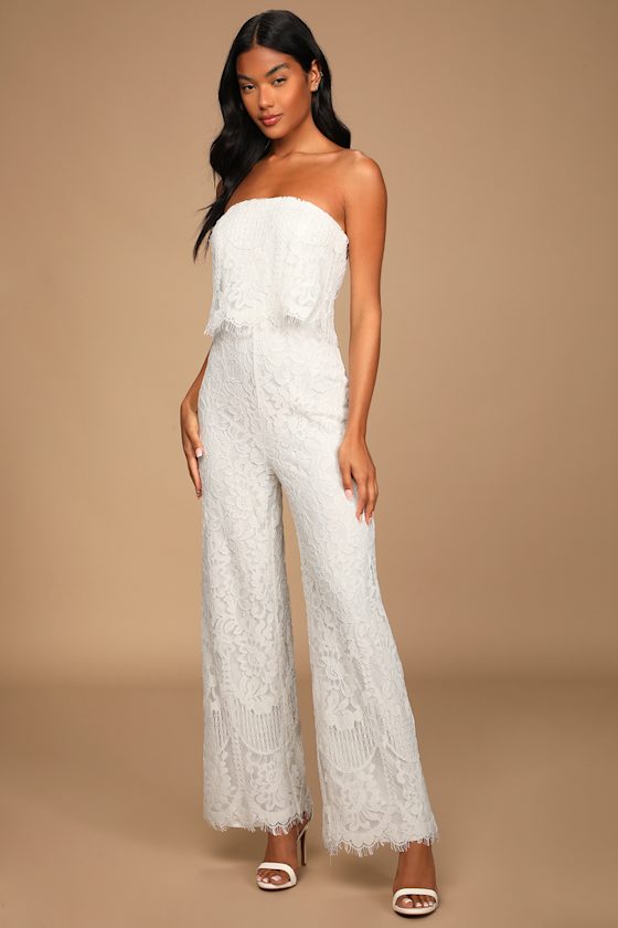 White Lace Jumpsuit Strapless Jumpsuit Bridal Jumpsuit Lulus