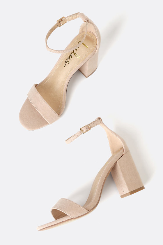 Ankle Strap Sandals - Suede Block Heels - Nude Heeled Sandals - Image 3
