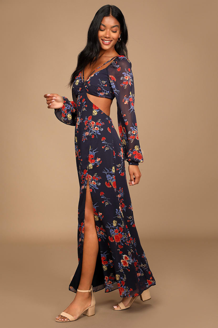 Floral Print Dress - Cutout Dress - Long Sleeve Dress - Maxi - Lulus
