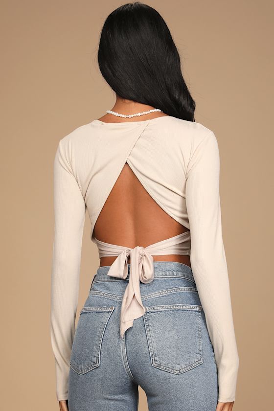 Flirty Side Beige Ribbed Long Sleeve Tie-Back Crop Top 2