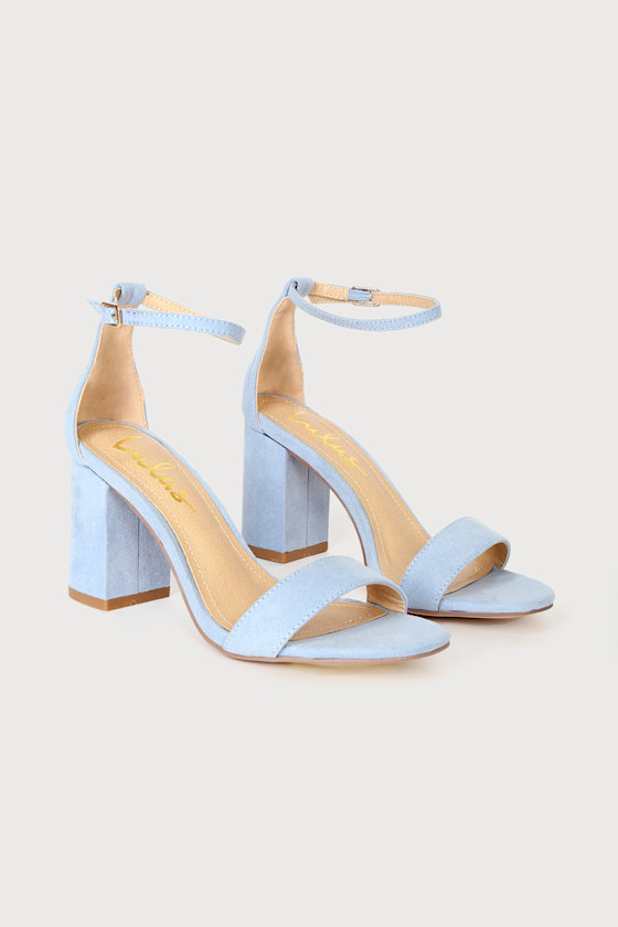 harper blue suede ankle strap heels
