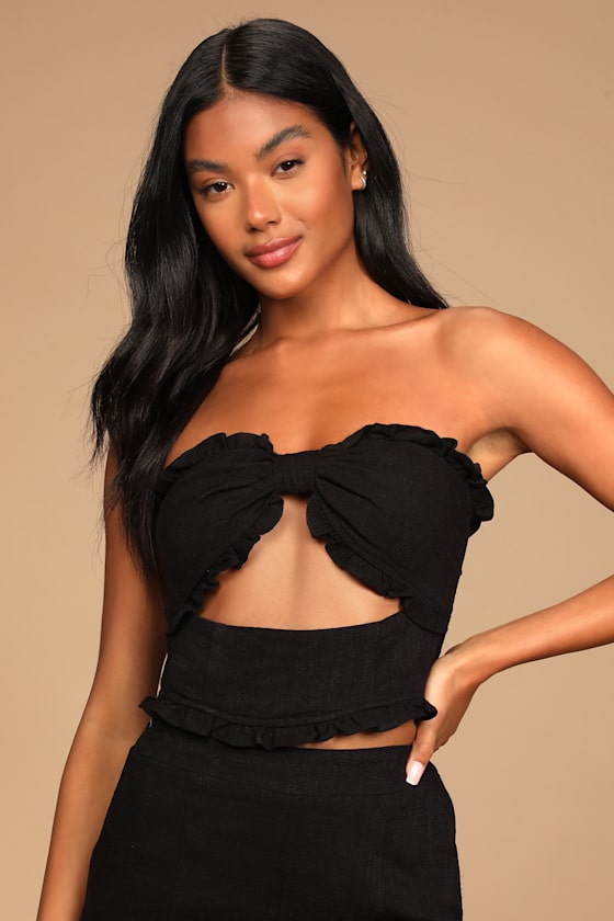 Dreamy Destinations Black Strapless Ruffled Cutout Crop Top 6