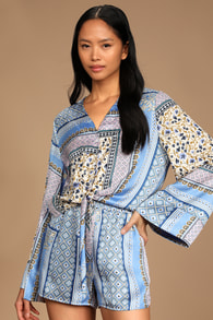 Moments in Mykonos Blue Scarf Print Tie-Front Long Sleeve Top