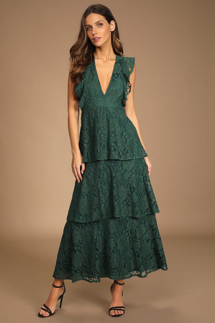 Molinetto Forest Green Lace Ruffled Tiered Sleeveless Maxi Dress