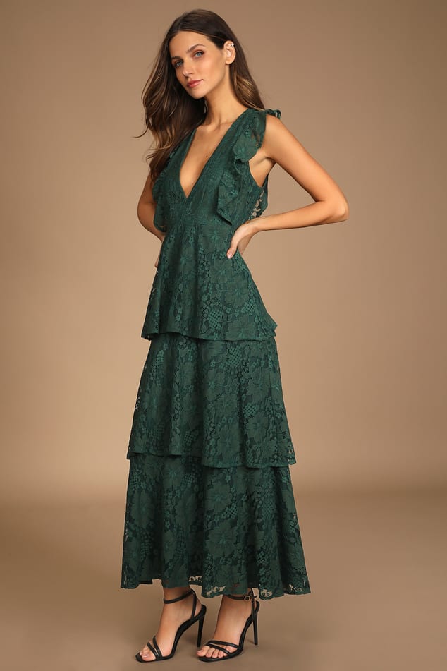 Lovely Forest Green Dress - Lace Dress - Maxi Dress - Tiered Maxi - Lulus