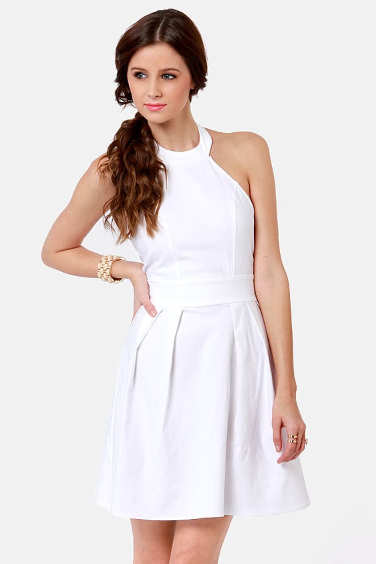 slim fit dress slacks RHINESTONE HALTER FIT AND FLARE DRESS – AKIRA main image 0