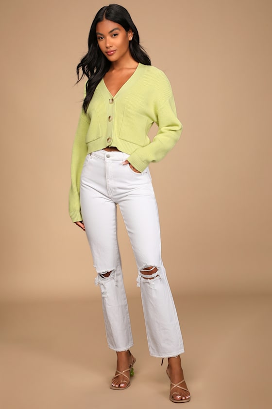 Fresh New Look Light Green Ribbed Knit Cardigan Sweater 4