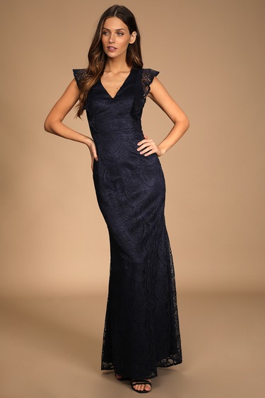 With Elegance and Grace Navy Blue Lace Mermaid Maxi Dress