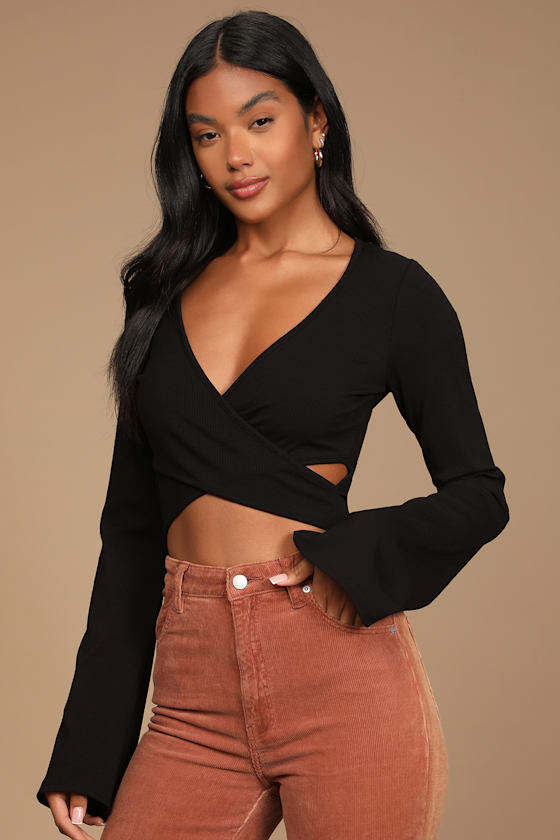 Perfect Appeal Black Ribbed Cutout Bell Sleeve Bodysuit 1