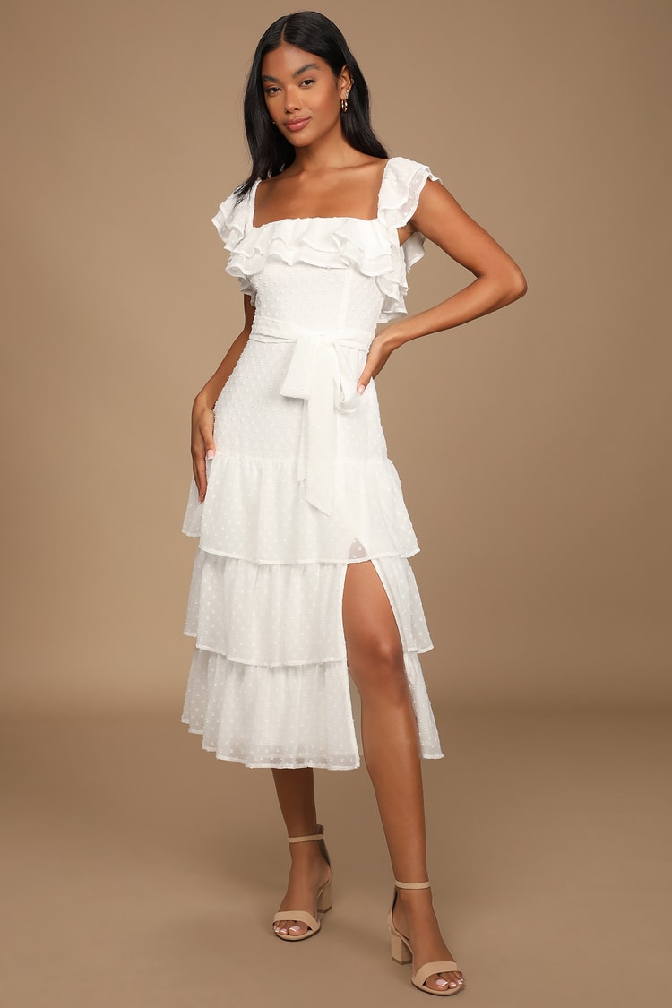 Dear To My Heart White Swiss Dot Tiered Ruffled Midi Dress