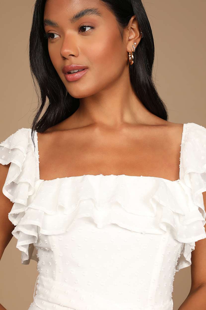 folklore white swiss dot lace tiered midi dress Lulus | Dresses | Lulus Folklore White Swiss Dot Lace Tiered Midi Dress