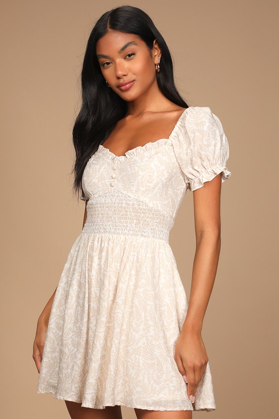 Beige Floral Print Dress - Puff Sleeve Mini Dress - Skater Dress - Lulus