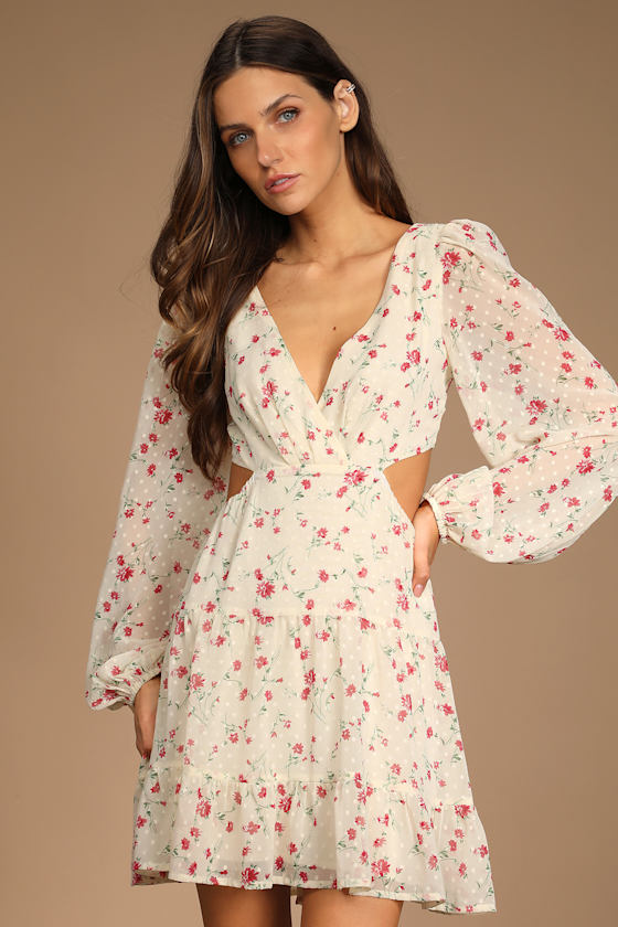 Cream Floral Half Sleeve Mini Dress