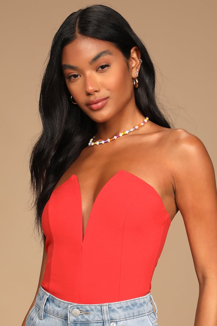 Babe Alert Red Notched Strapless Bodysuit