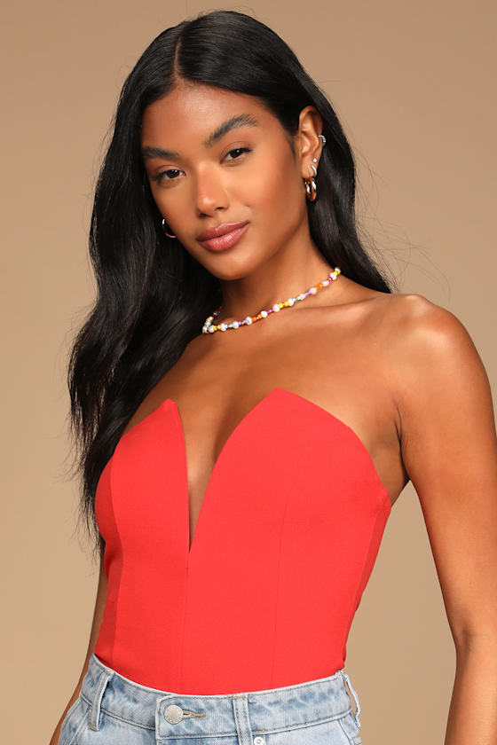 Babe Alert Red Notched Strapless Bodysuit 4
