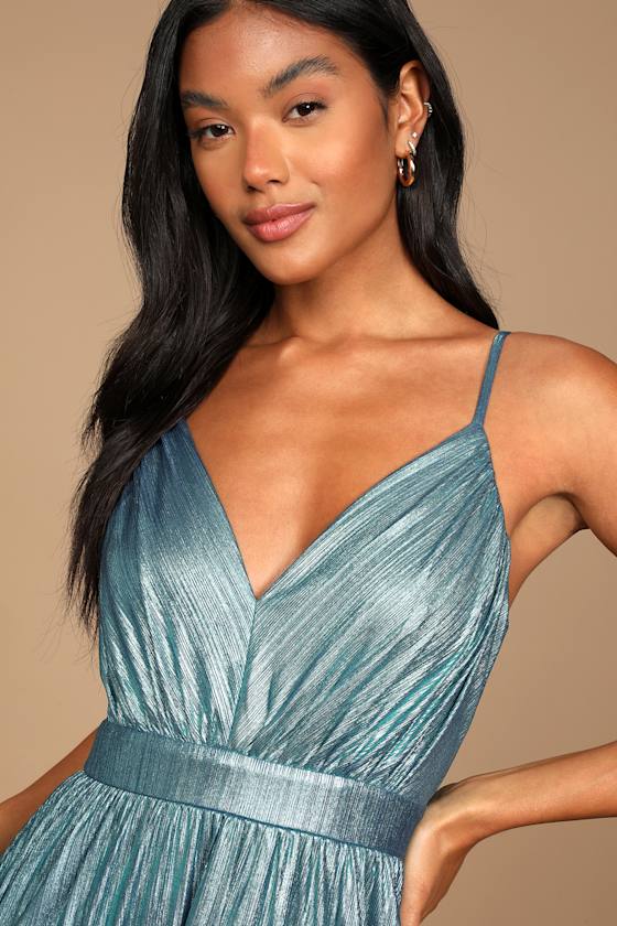Beyond Exquisite Blue Metallic Lurex Maxi Dress 3