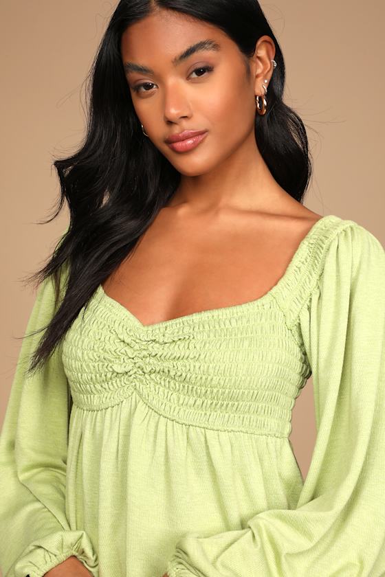 Light Green Top Smocked Long Sleeve Top Peplum Top Lulus