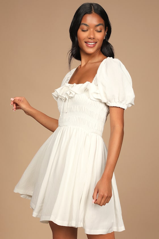 Daytime Delight White Smocked Puff Sleeve Mini Dress 3