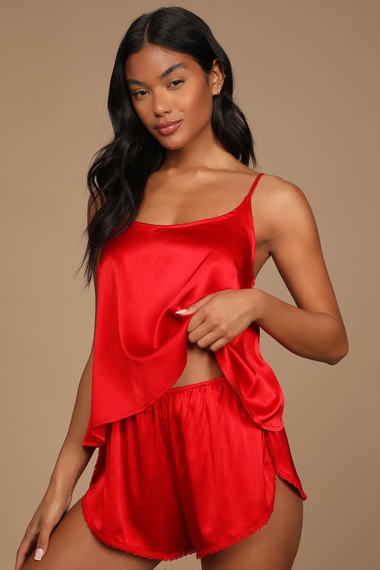 Lulu's Fancy Red Women Satin Pajama Set, Shorts and Top Set