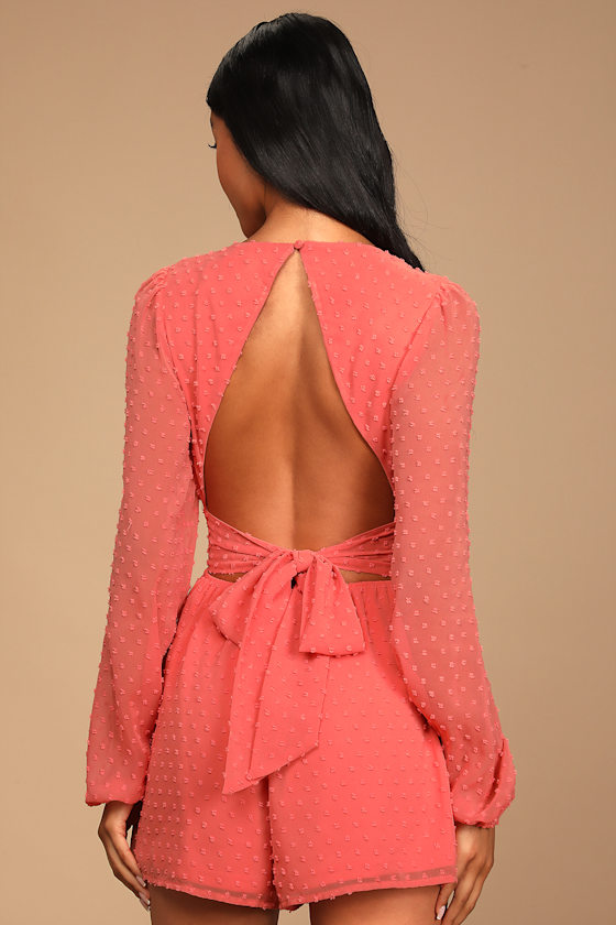 Perfectly Frilly Coral Swiss Dot Long Sleeve Tie-Back Romper 2