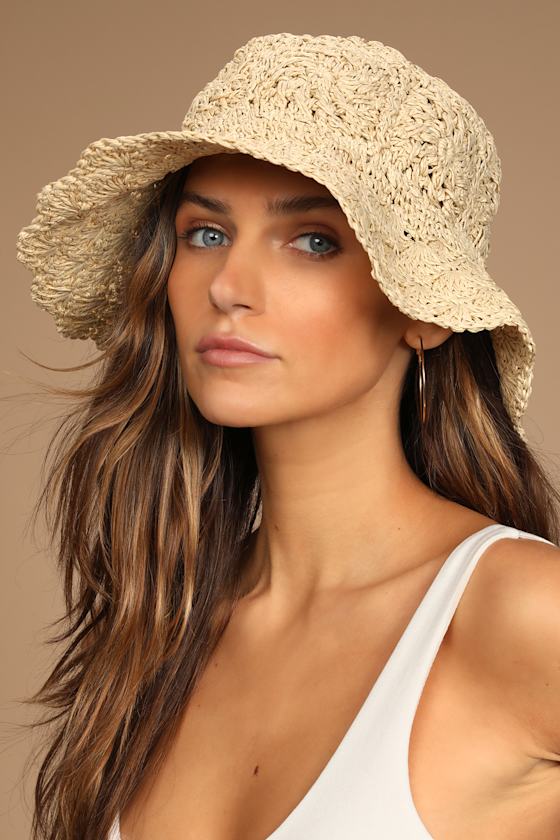 Beach Vacation Beige Woven Straw Bucket Hat 1