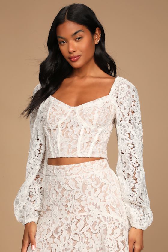 Real Romance Ivory Lace Long Sleeve Bustier Crop Top 4