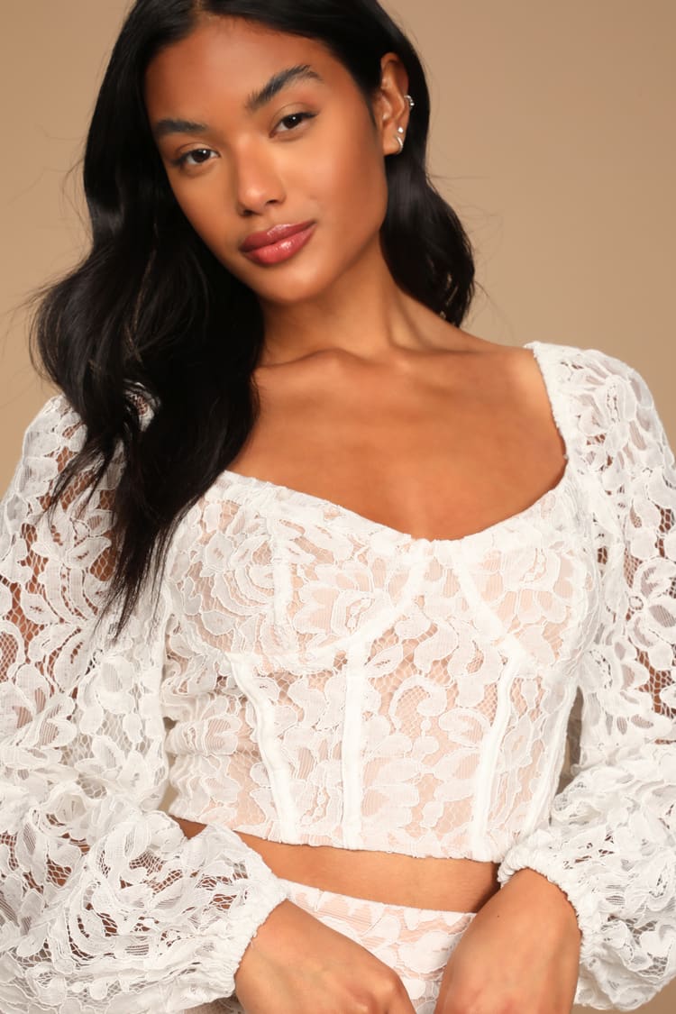 Ivory Lace Top - Long Sleeve Crop Top - Lace Bustier Top - Lulus