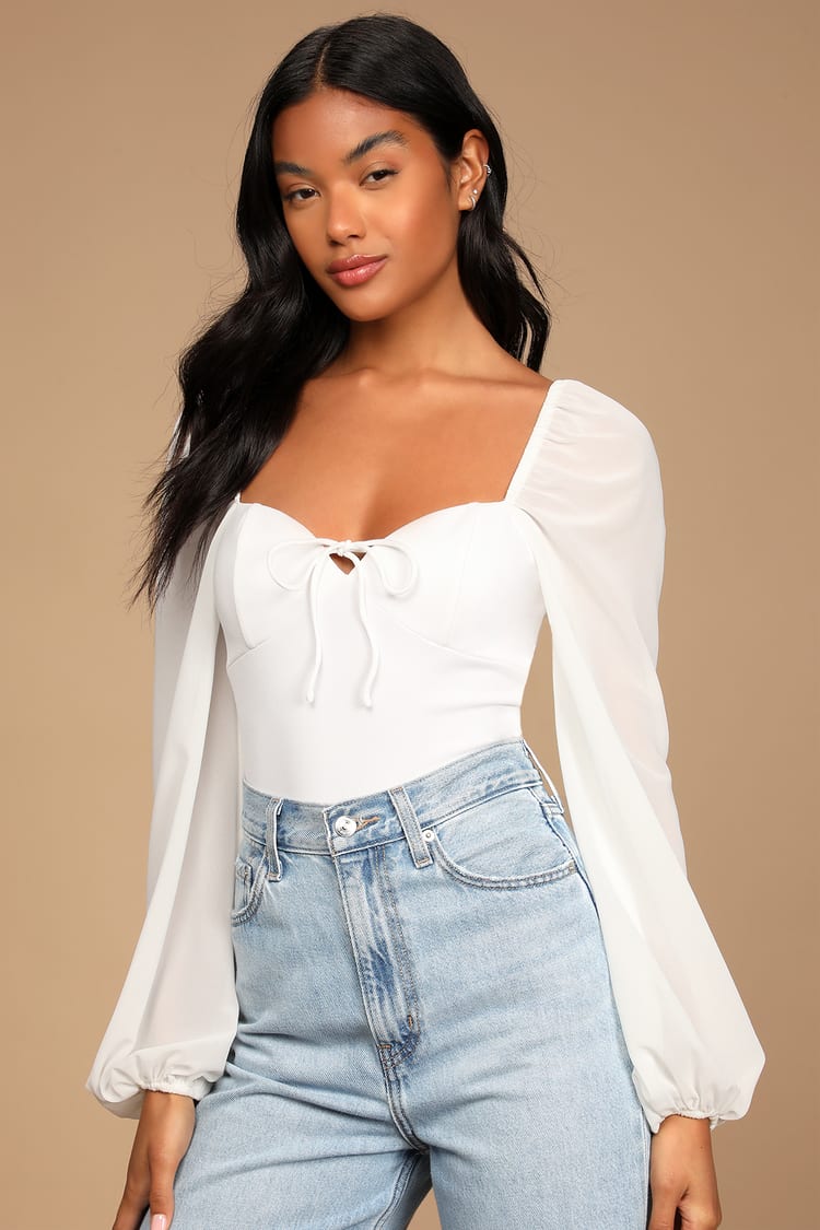 Never Tied Down White Lace-Up Long Sleeve Bodysuit