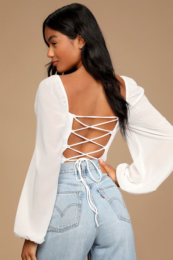 Never Tied Down White Lace-Up Long Sleeve Bodysuit 4