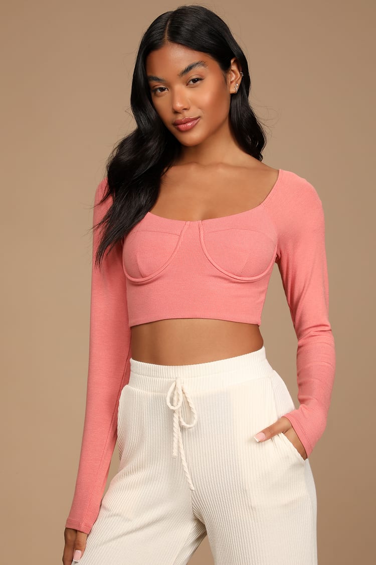 Lazy Day Vibes Coral Pink Underwire Long Sleeve Crop Top
