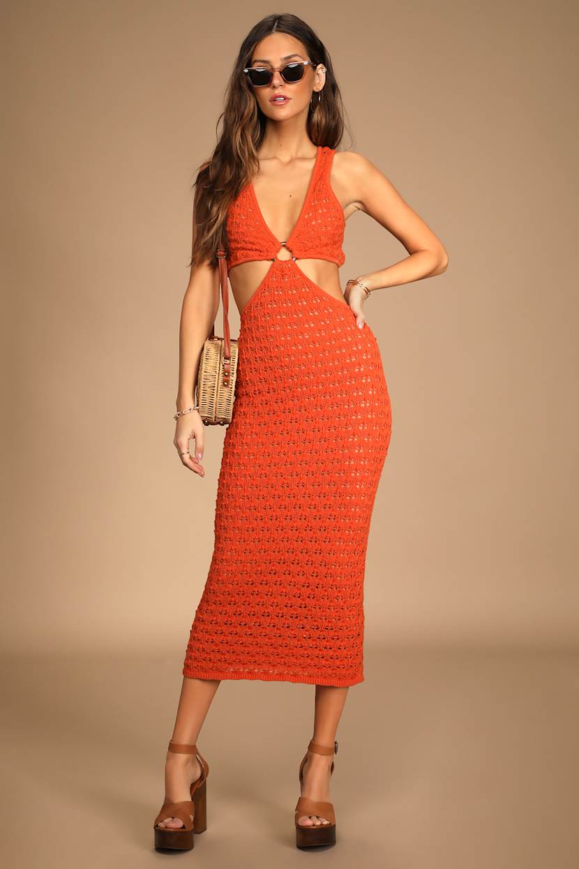knee length dresses for ladies Mattie Ruffle Knit Cut-Out Midi Dress