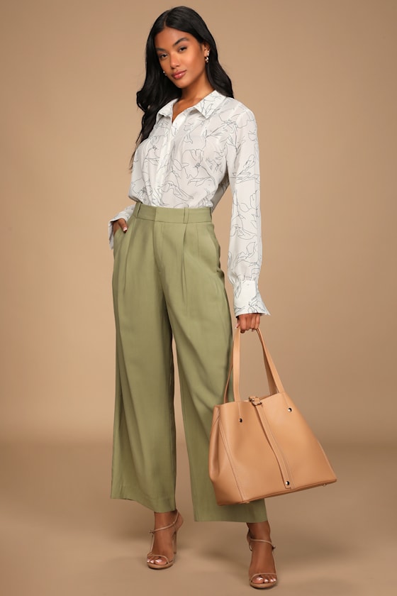Business Woman Light Olive Green Wide-Leg Trouser Pants 10