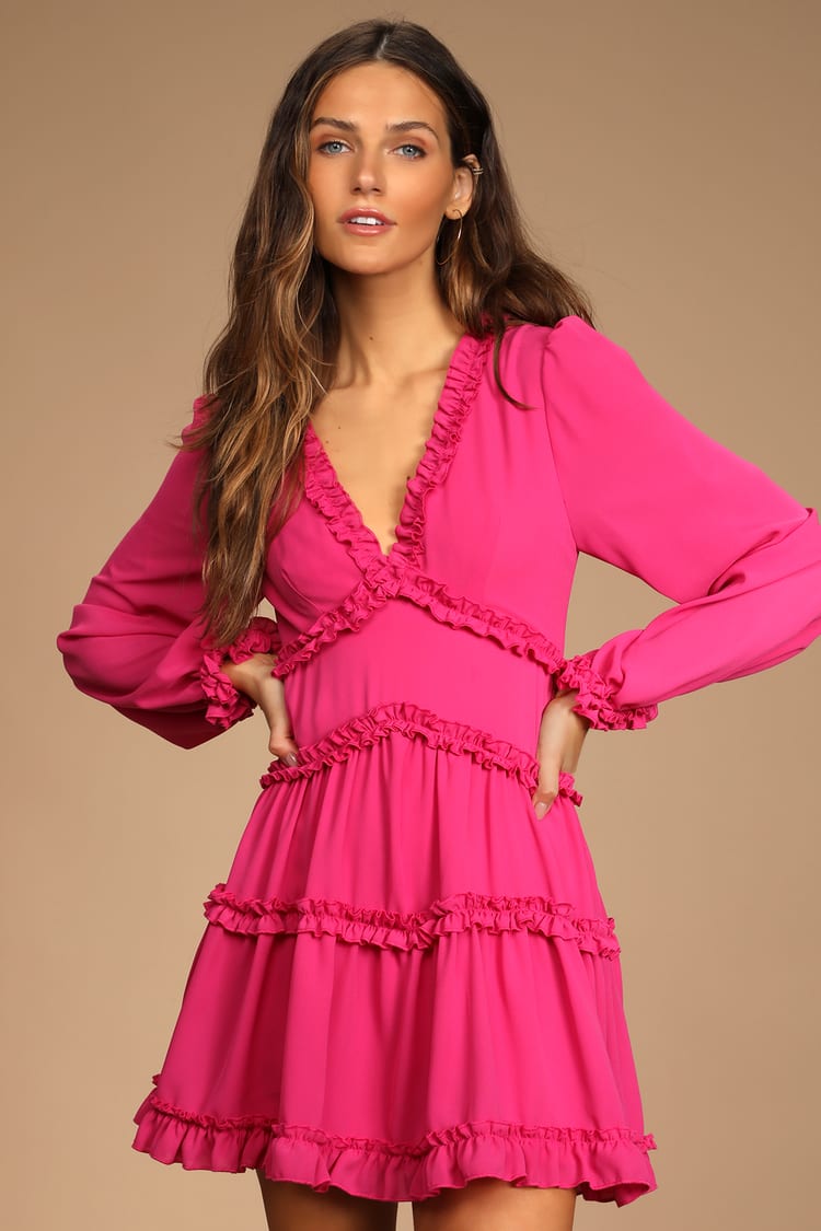 Simply Darling Magenta Ruffled Long Sleeve Mini Dress