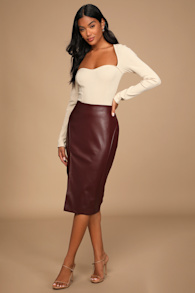 Mireya Wine Red Vegan Leather Pencil Skirt 8
