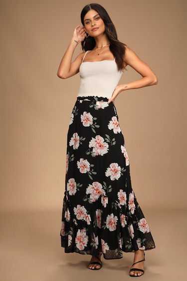 Blossoming Choice Black Floral Print Ruffled Maxi Skirt