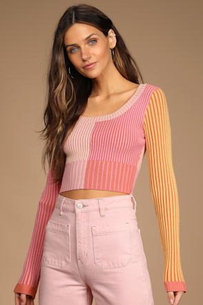 Pink Color Block Top - Ribbed Sweater Top - Scoop Neck Crop Top 