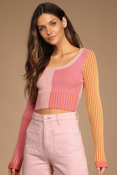 Meant to be Mod Pink Color Block Ribbed Long Sleeve Crop Top