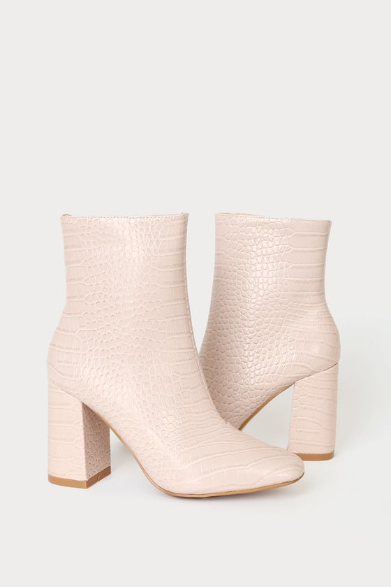 Pale Pink Boots - Crocodile Print Booties - High Heel Booties - Lulus