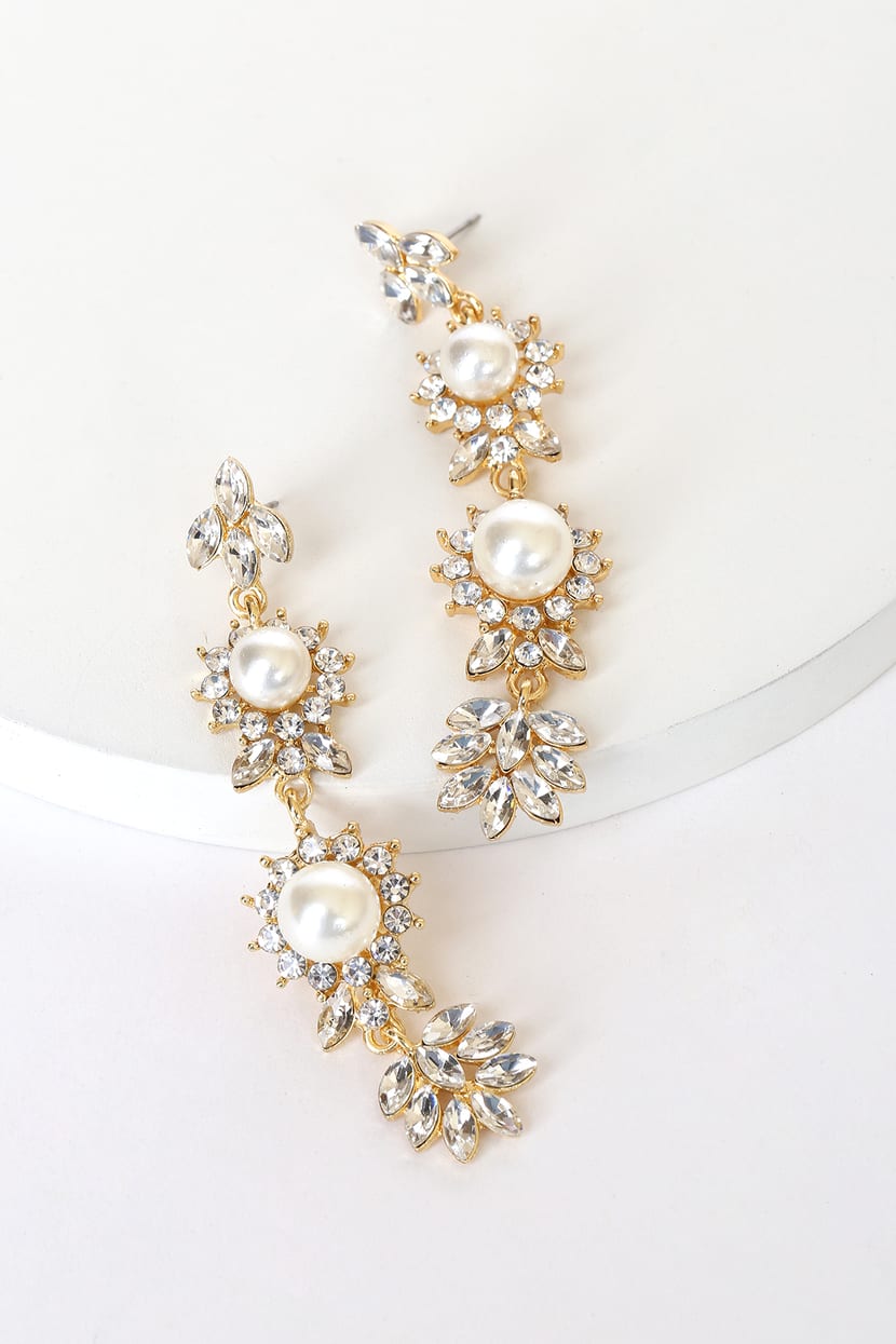Ready To Be Regal Gold Pearl and Rhinestone Drop Earrings