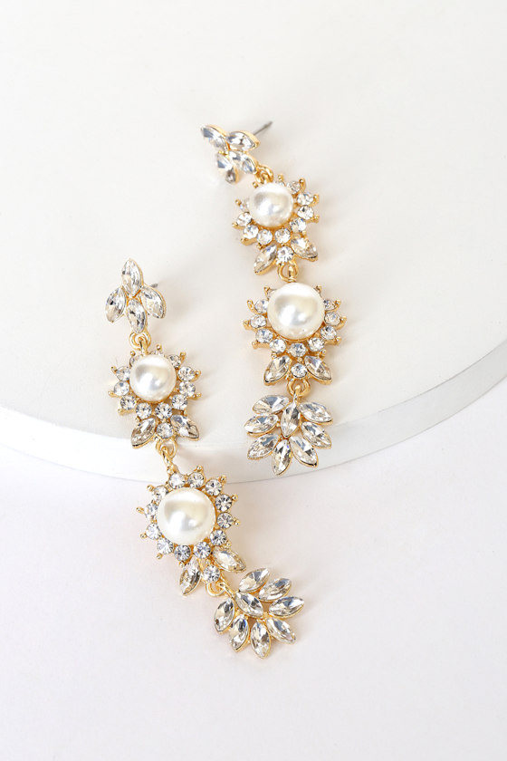 Ready To Be Regal Gold Pearl and Rhinestone Drop Earrings 3
