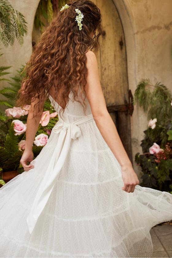Made to be Magical White Dotted Tie-Back Tiered Midi Dress 2