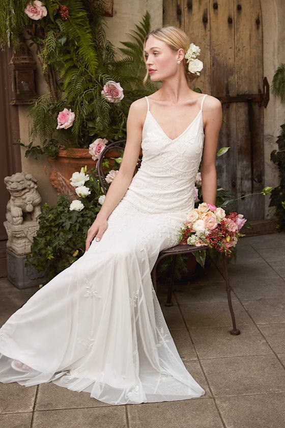 To Have and to Hold White Beaded Trumpet Hem Maxi Dress 6