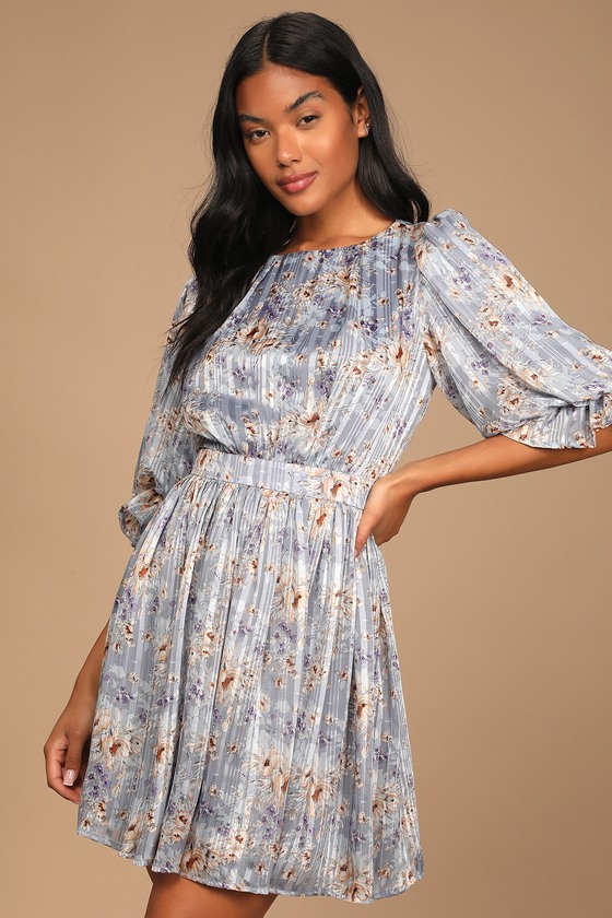 【LOULOUSEOUL】Jaden Flower Dress (Scarf Set / Blue) Blue Floral Print Dress - Puff Sleeve Dress - Floral Mini
