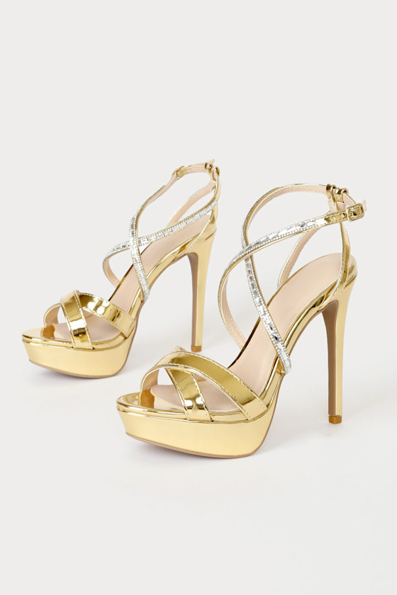 Alyana Gold Metallic Rhinestone Strappy Platform Heels 1