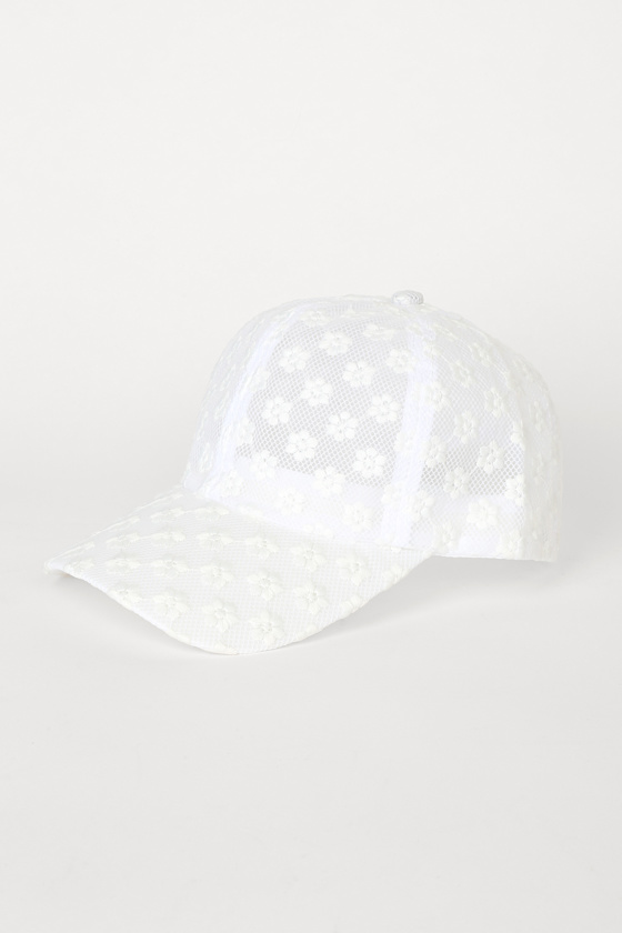 Totally Cute White Mesh Floral Embroidered Baseball Cap 1